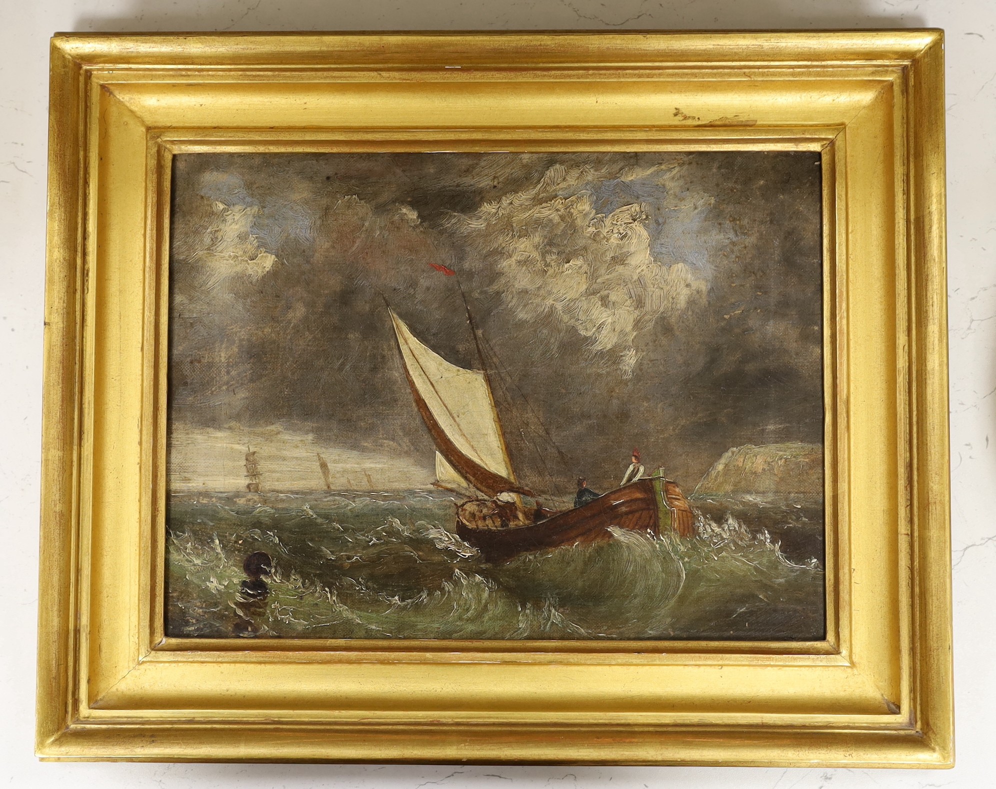 19th century English School, oil on canvas, Fishing boat leaving harbour, 22 x 29cm